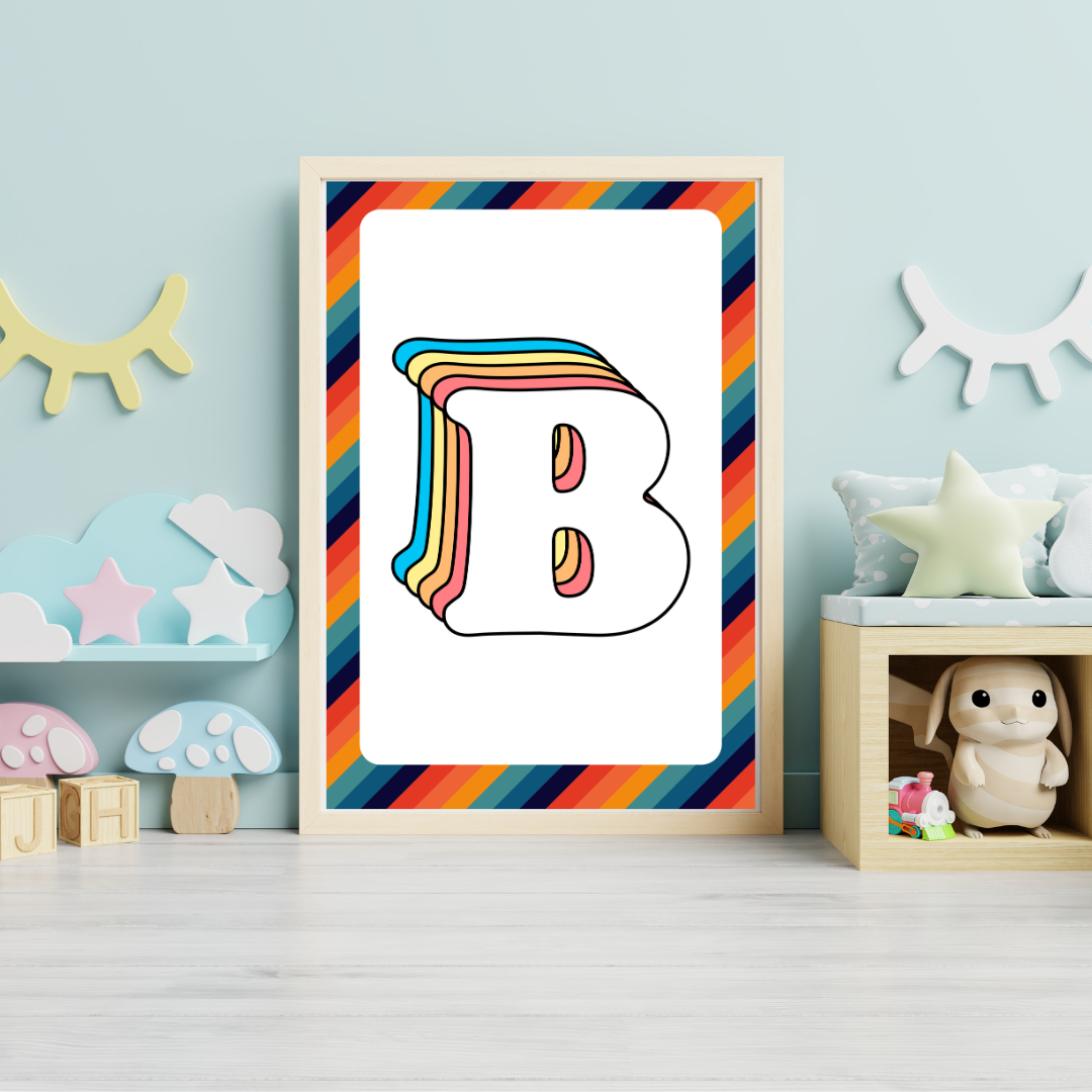 Retro rainbow initial alphabet print with striped border