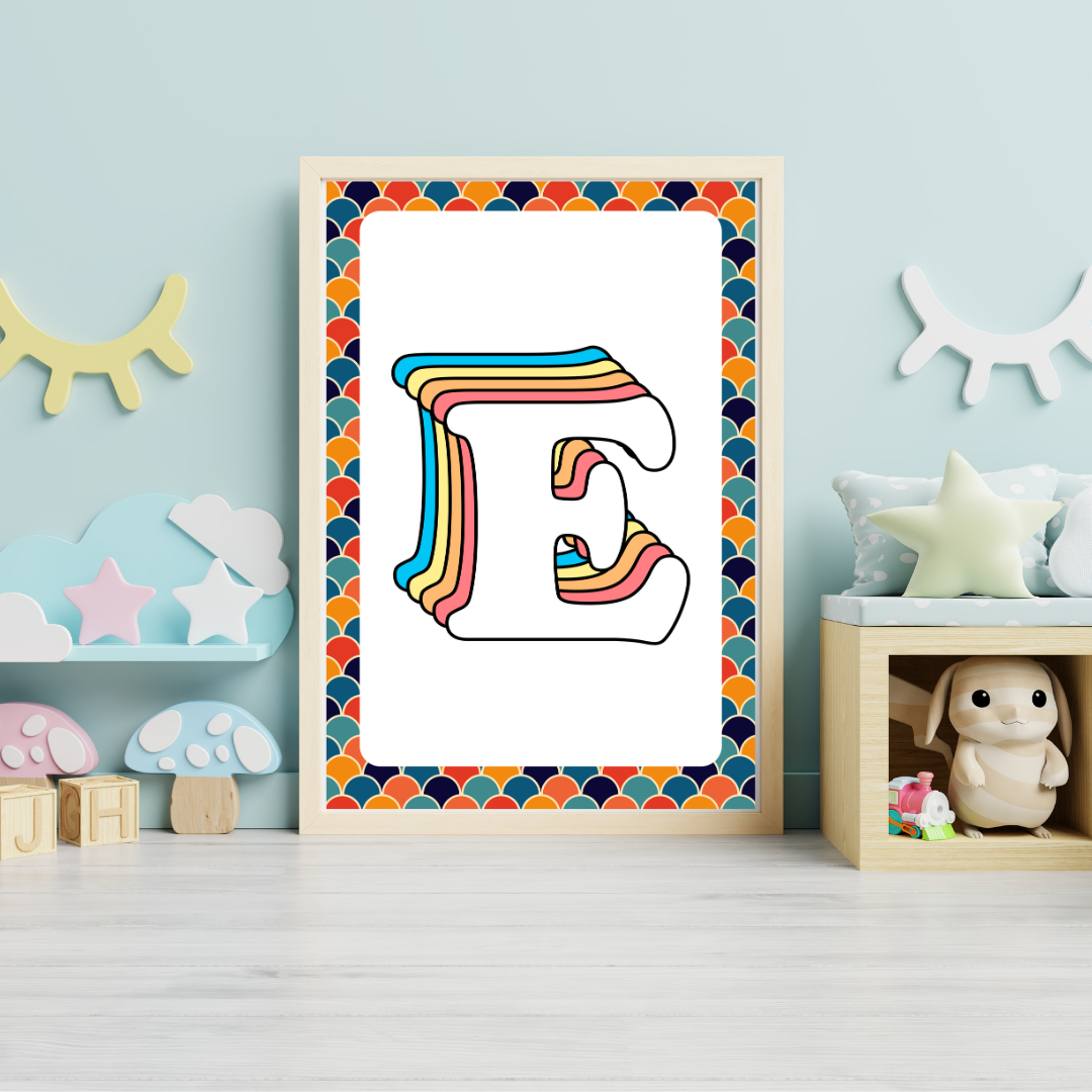 Retro rainbow initial alphabet print with scalloped border