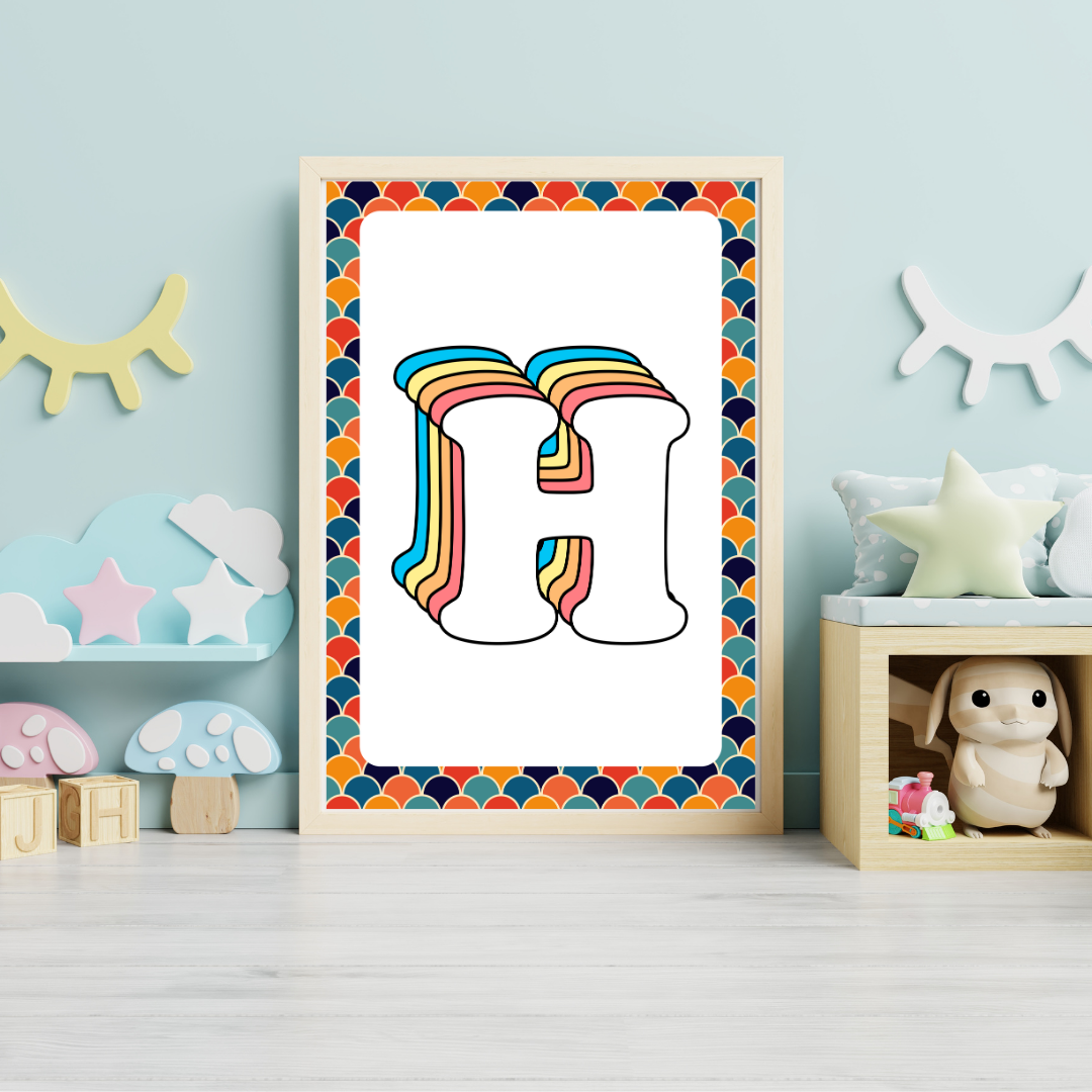 Retro rainbow initial alphabet print with scalloped border
