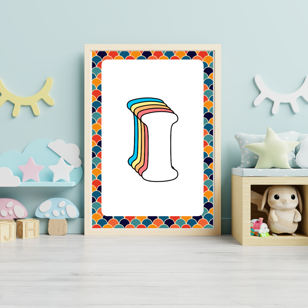 Retro rainbow initial alphabet print with scalloped border