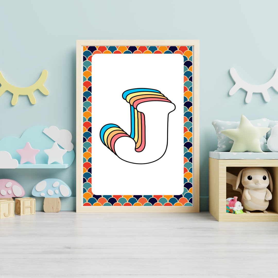 Retro rainbow initial alphabet print with scalloped border