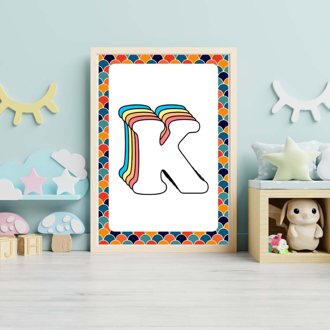 Retro rainbow initial alphabet print with scalloped border