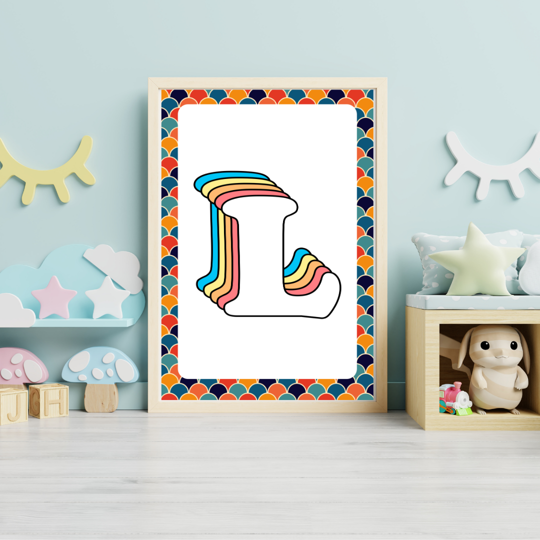 Retro rainbow initial alphabet print with scalloped border