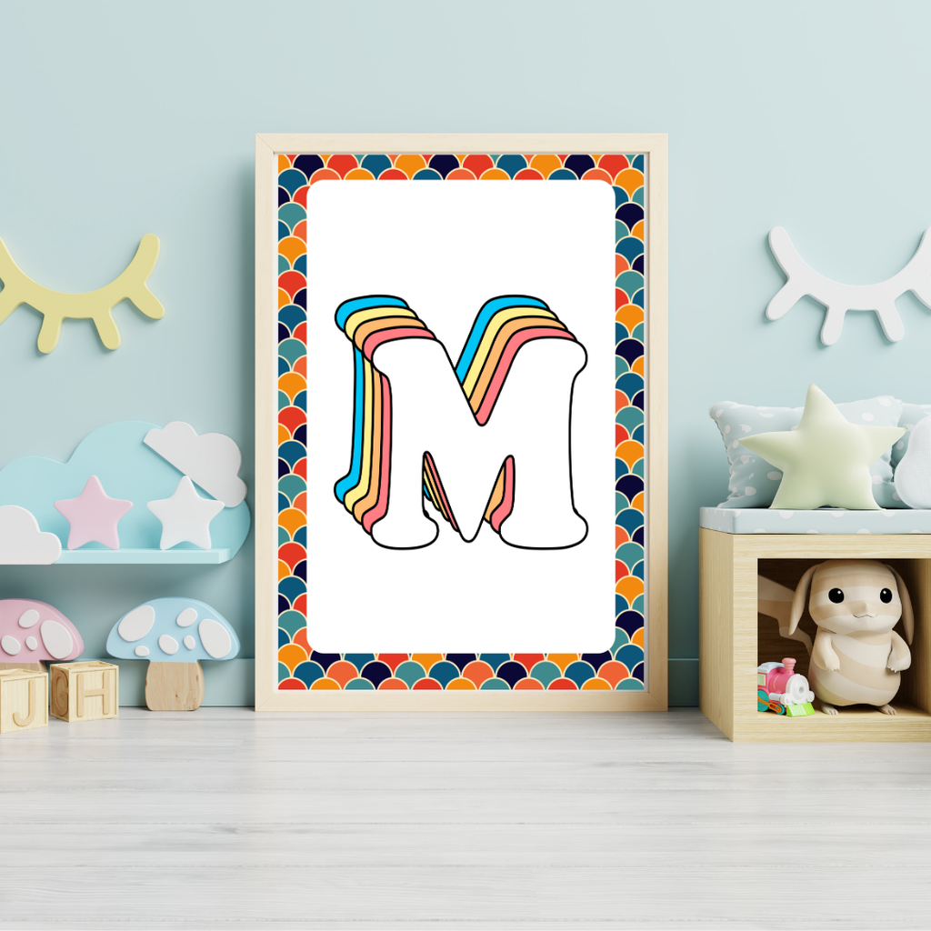 Retro rainbow initial alphabet print with scalloped border