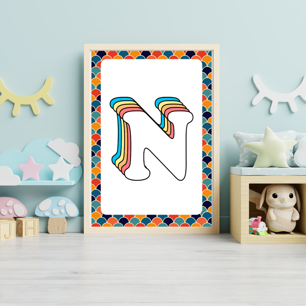 Retro rainbow initial alphabet print with scalloped border