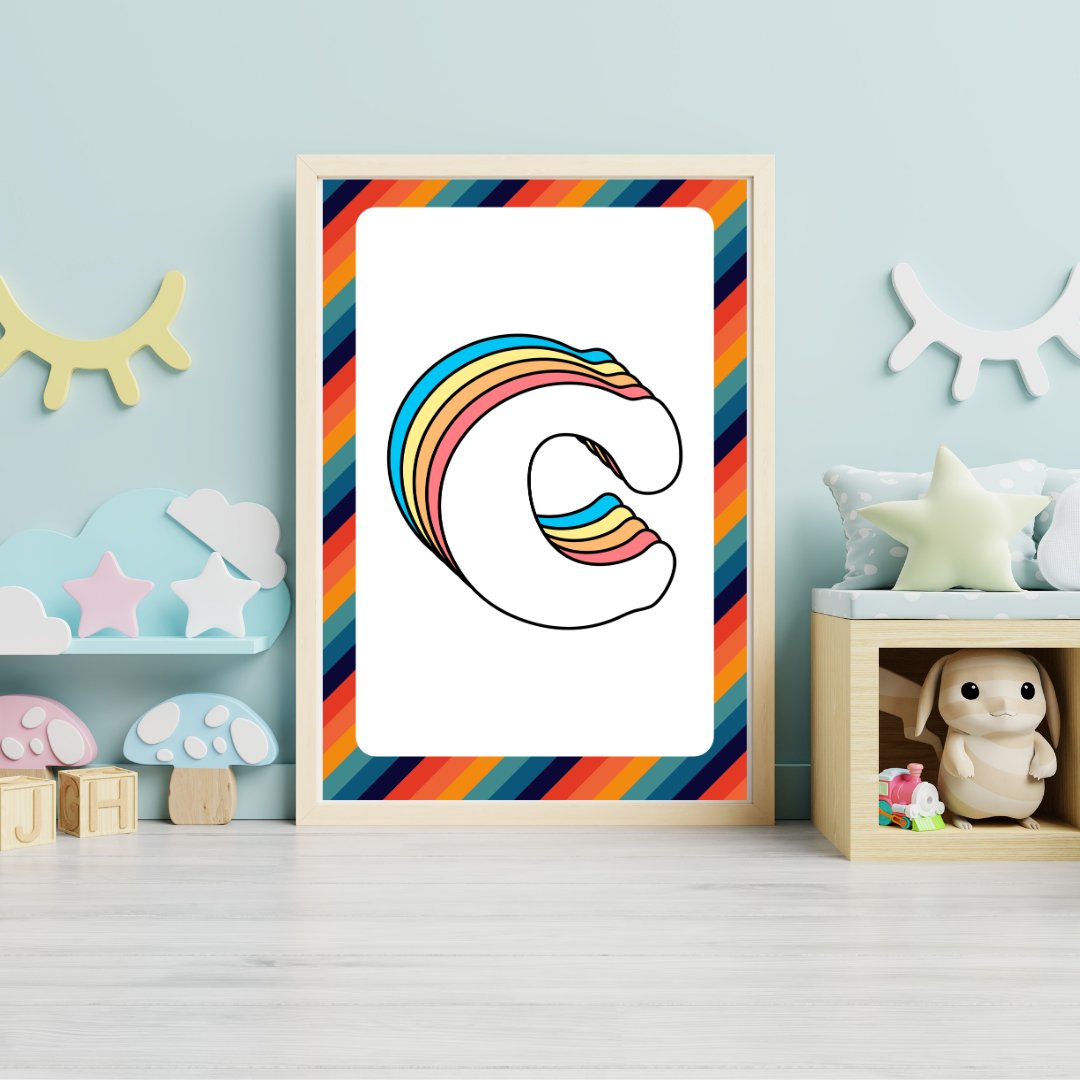 Retro rainbow initial alphabet print with striped border