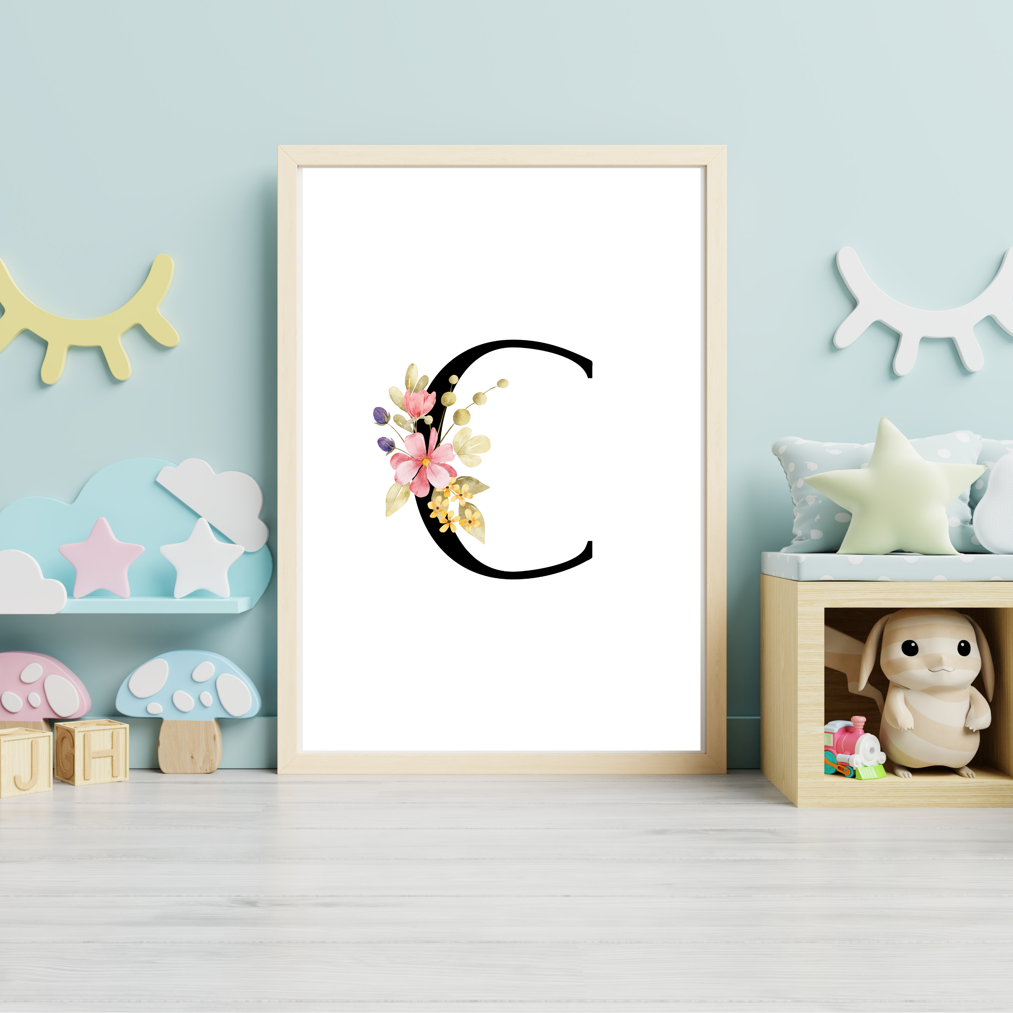 Floral prints with black initials