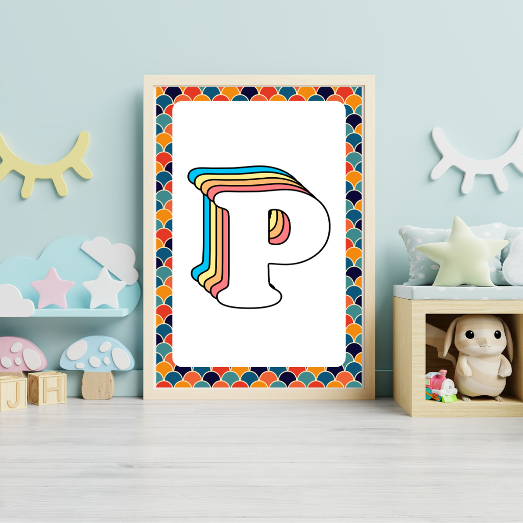 Retro rainbow initial alphabet print with scalloped border