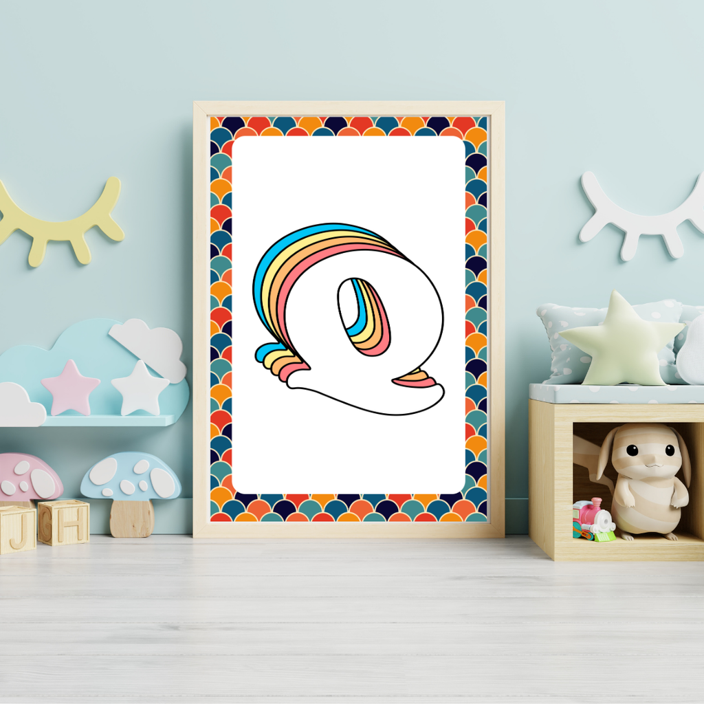 Retro rainbow initial alphabet print with scalloped border