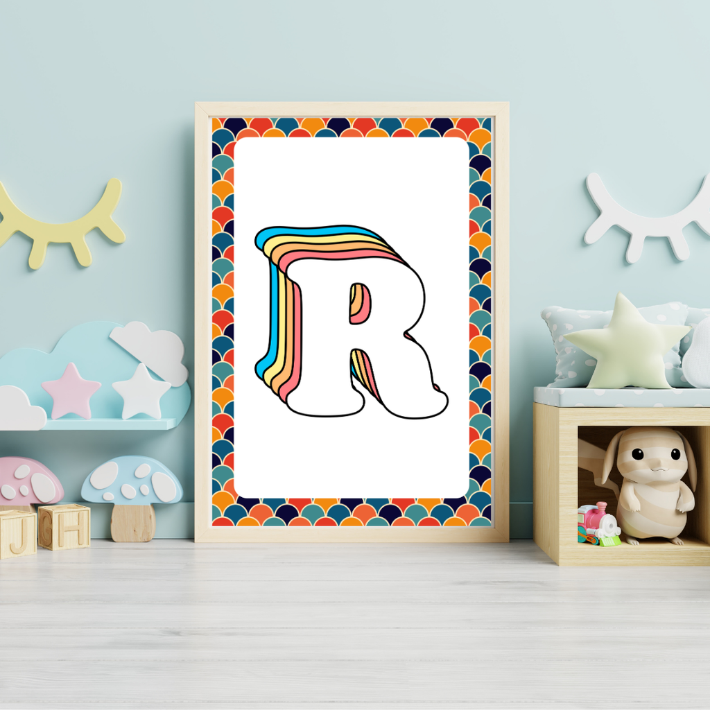 Retro rainbow initial alphabet print with scalloped border
