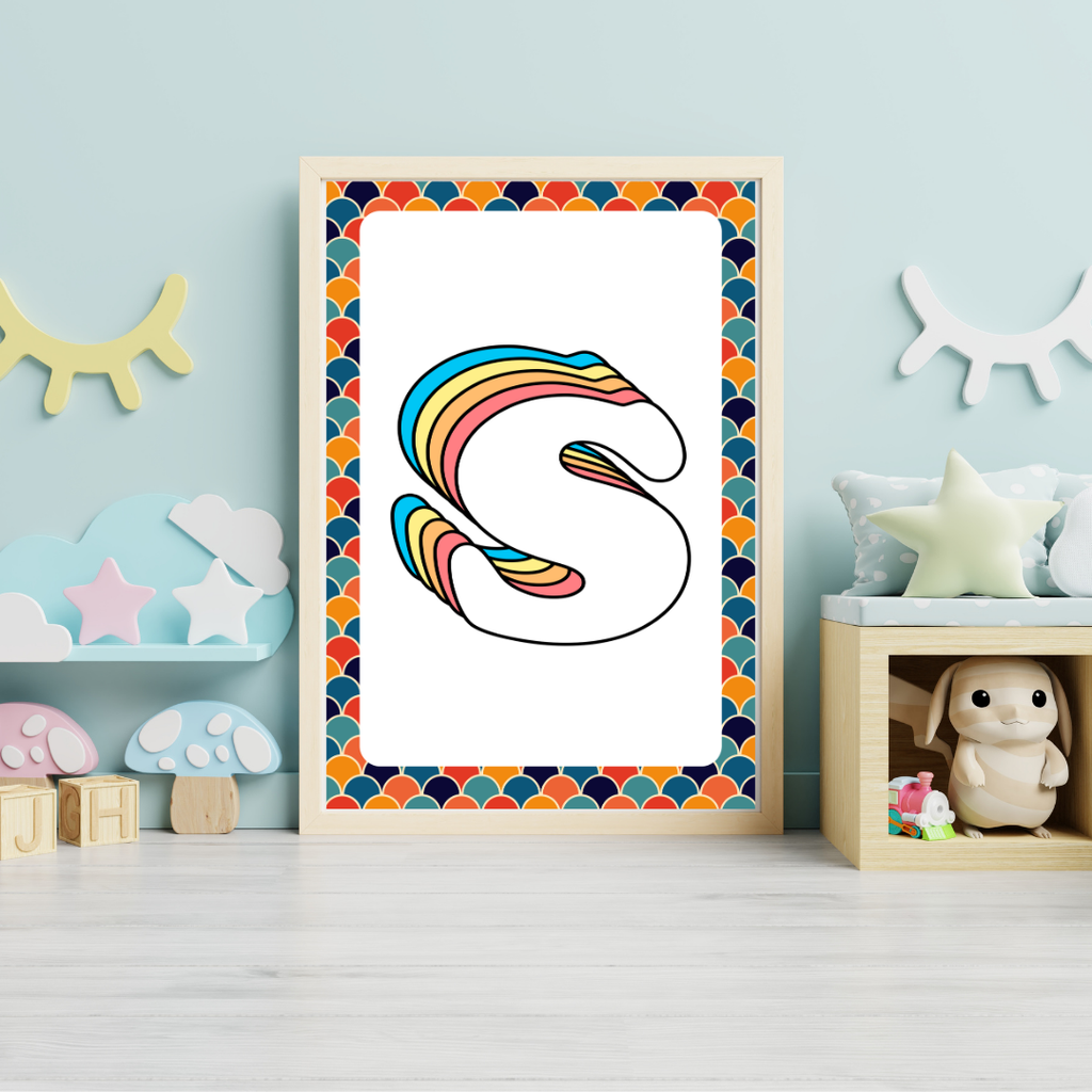 Retro rainbow initial alphabet print with scalloped border