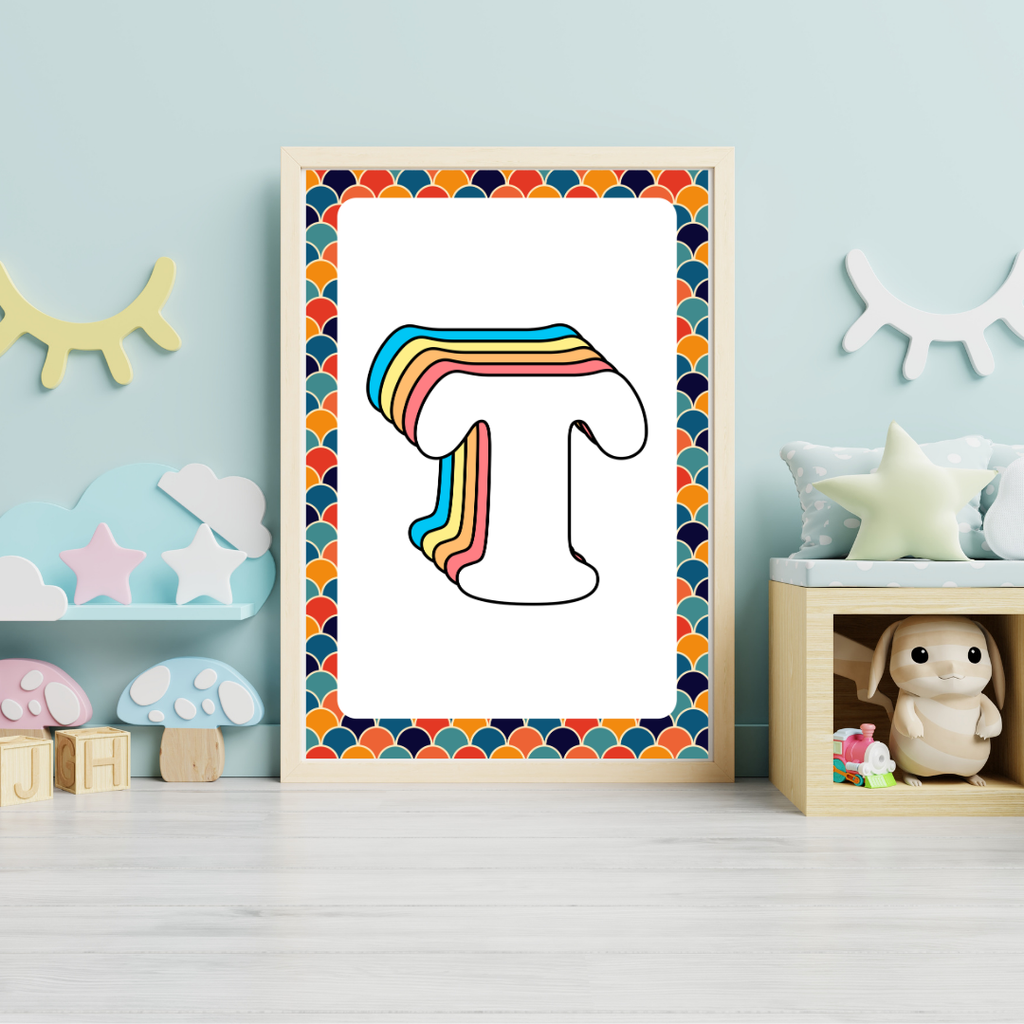 Retro rainbow initial alphabet print with scalloped border