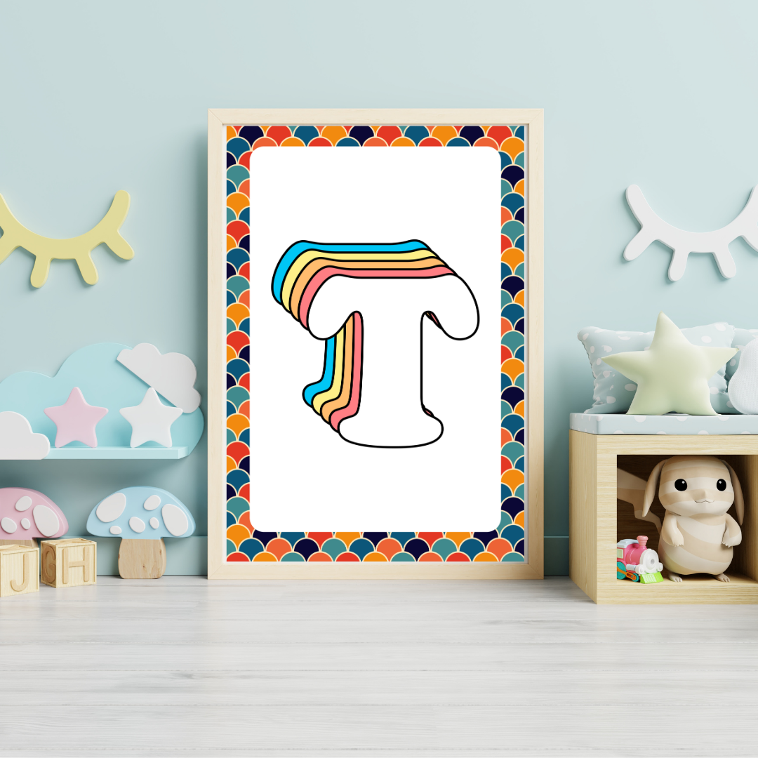 Retro rainbow initial alphabet print with scalloped border