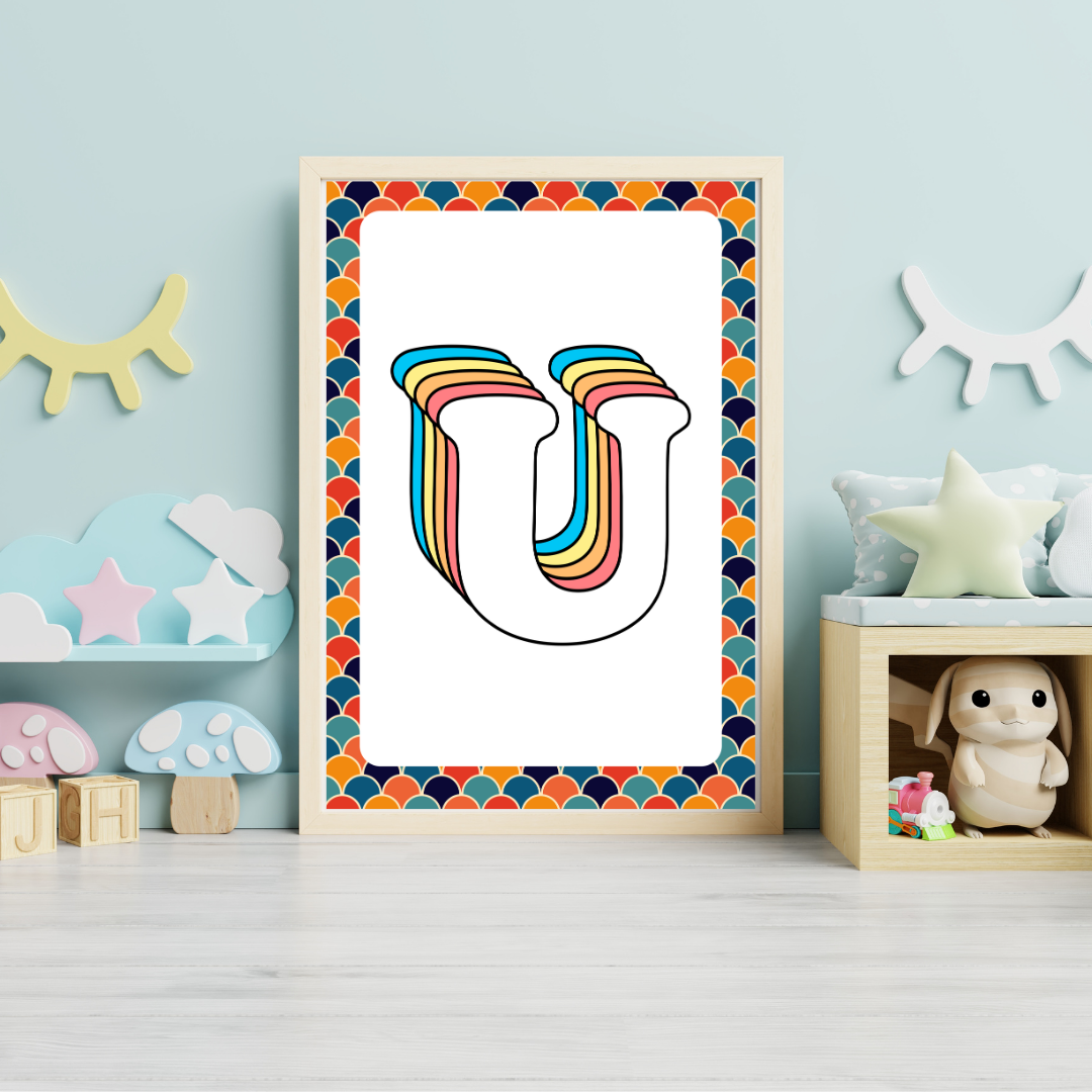 Retro rainbow initial alphabet print with scalloped border