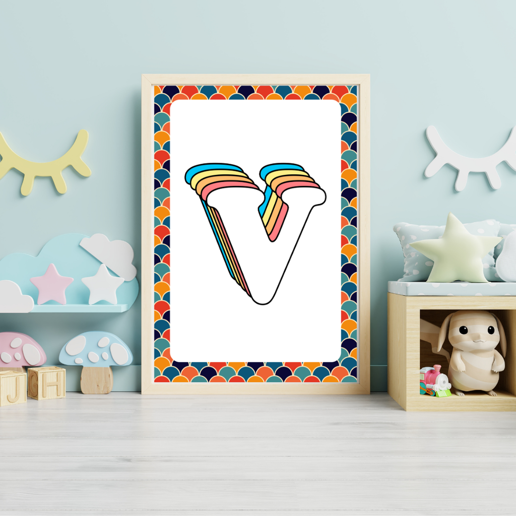 Retro rainbow initial alphabet print with scalloped border