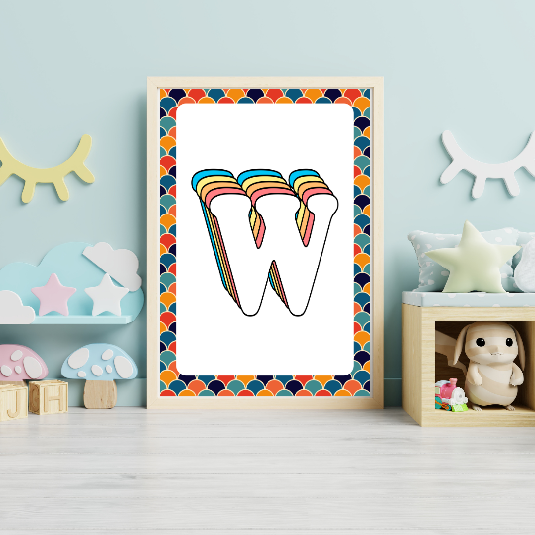 Retro rainbow initial alphabet print with scalloped border