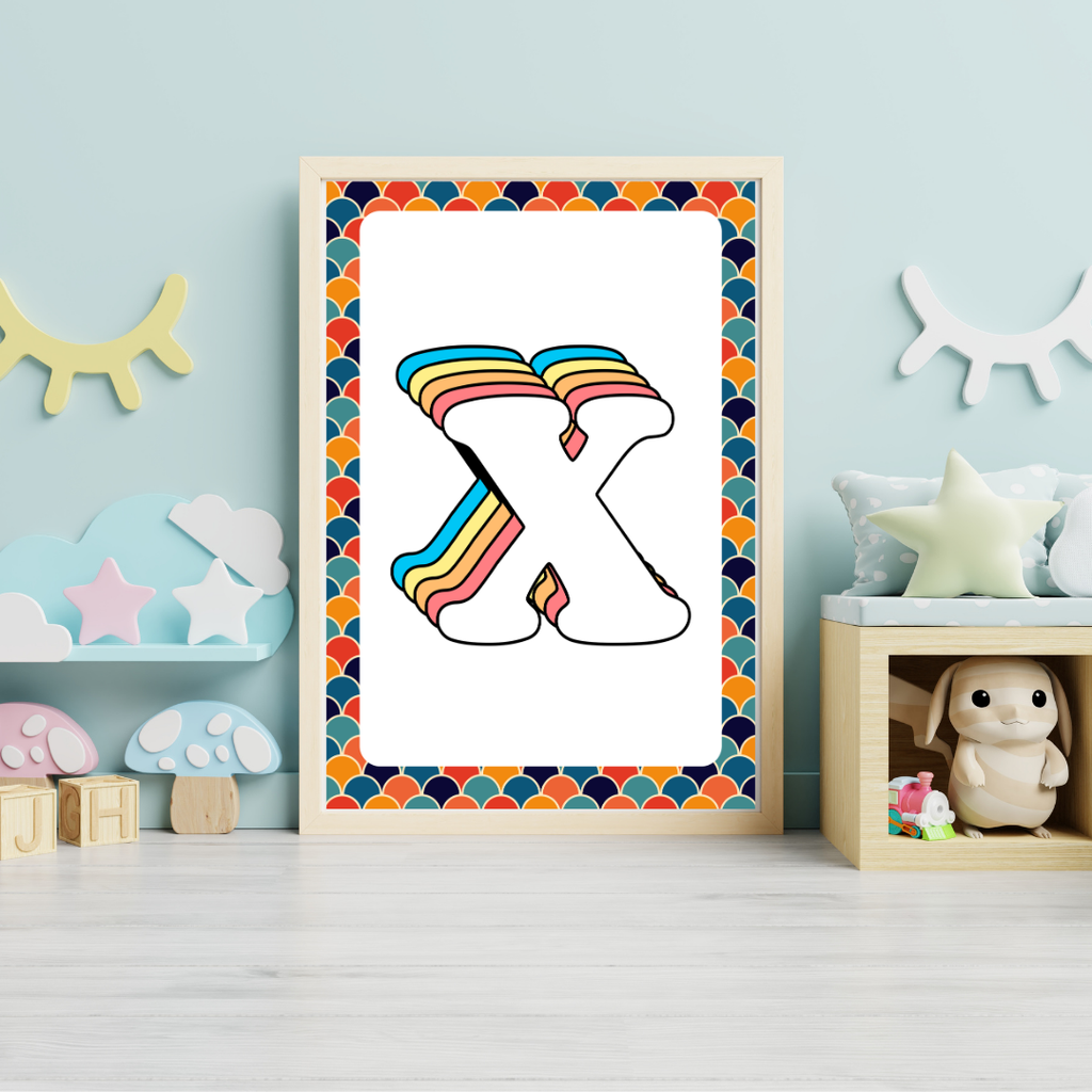 Retro rainbow initial alphabet print with scalloped border