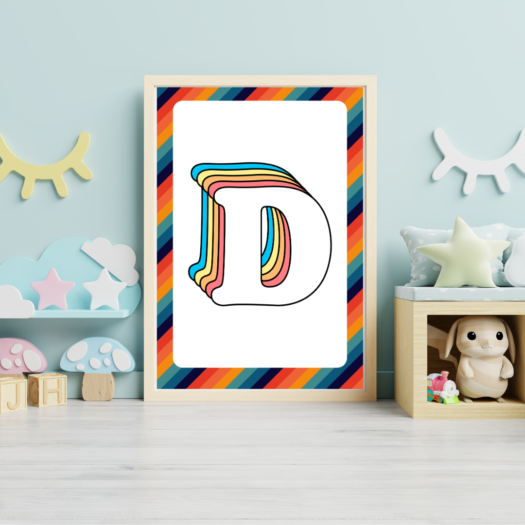 Retro rainbow initial alphabet print with striped border