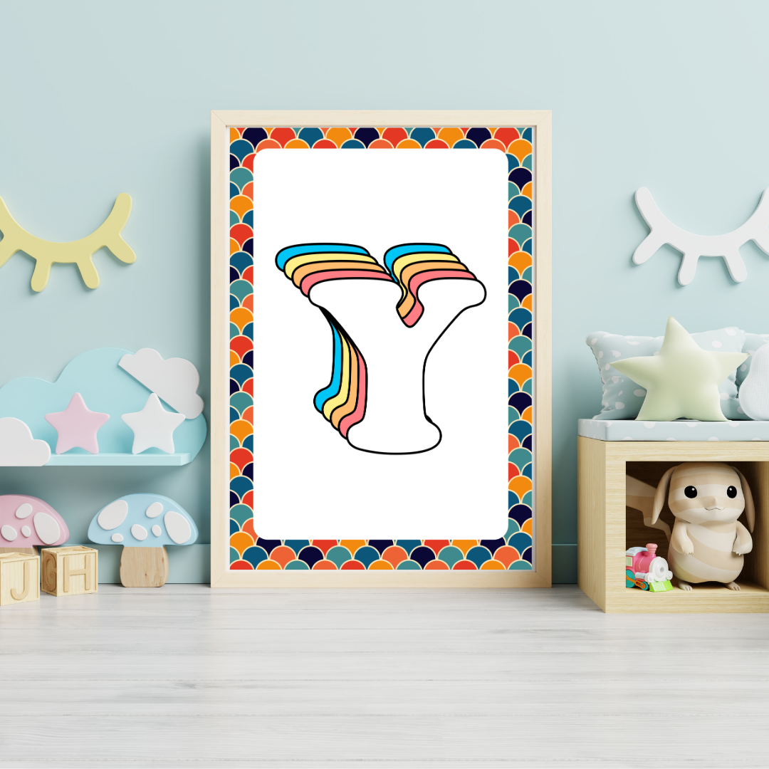 Retro rainbow initial alphabet print with scalloped border