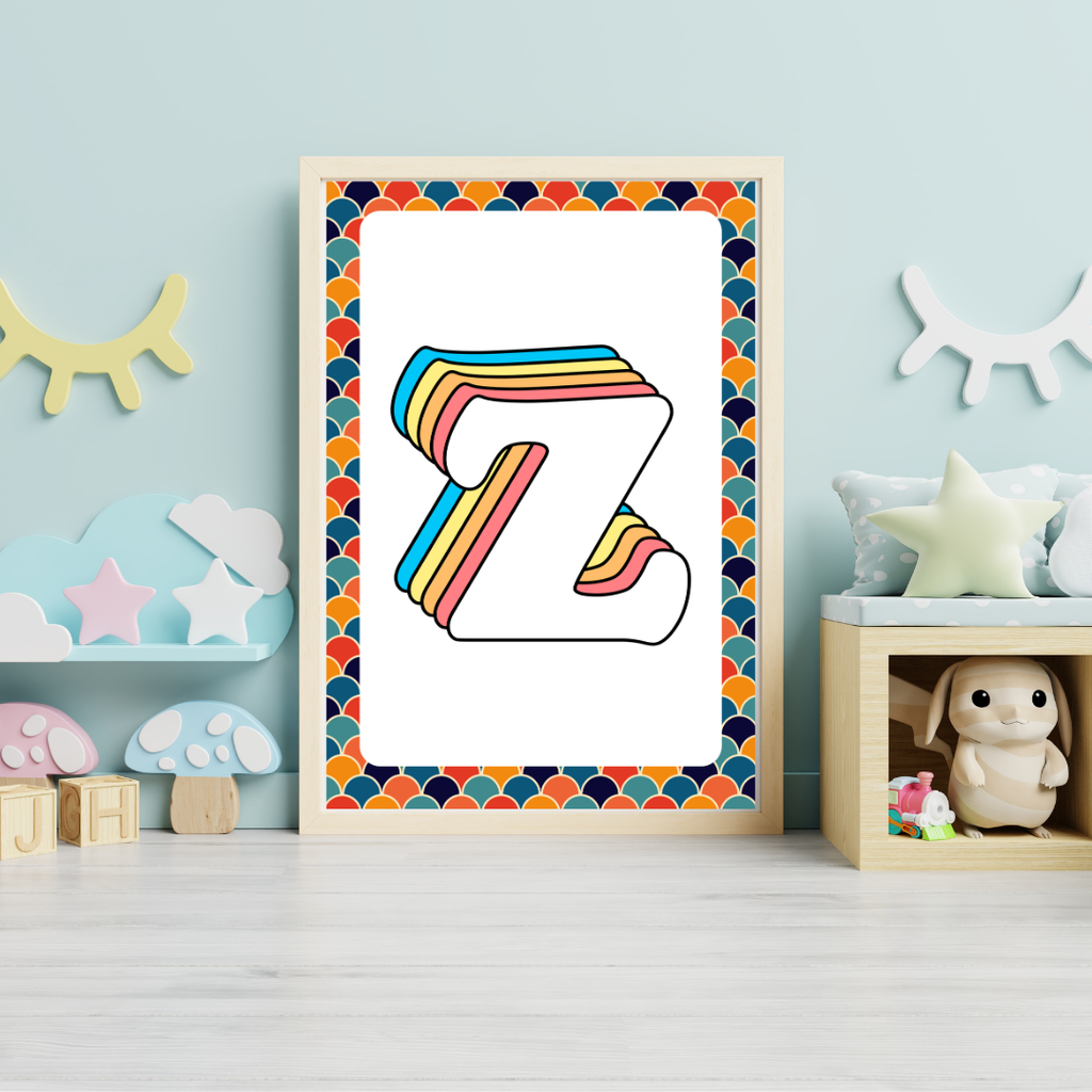 Retro rainbow initial alphabet print with scalloped border