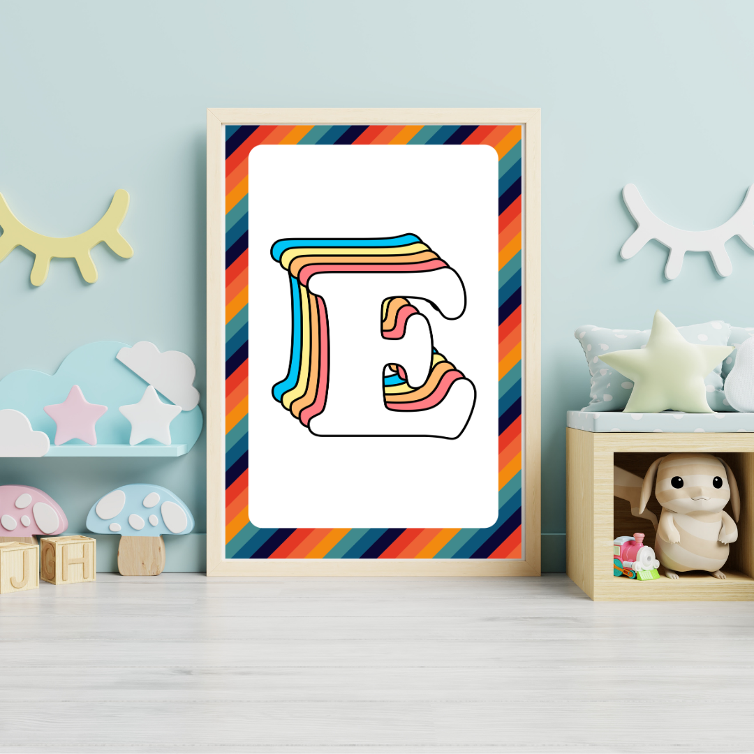 Retro rainbow initial alphabet print with striped border