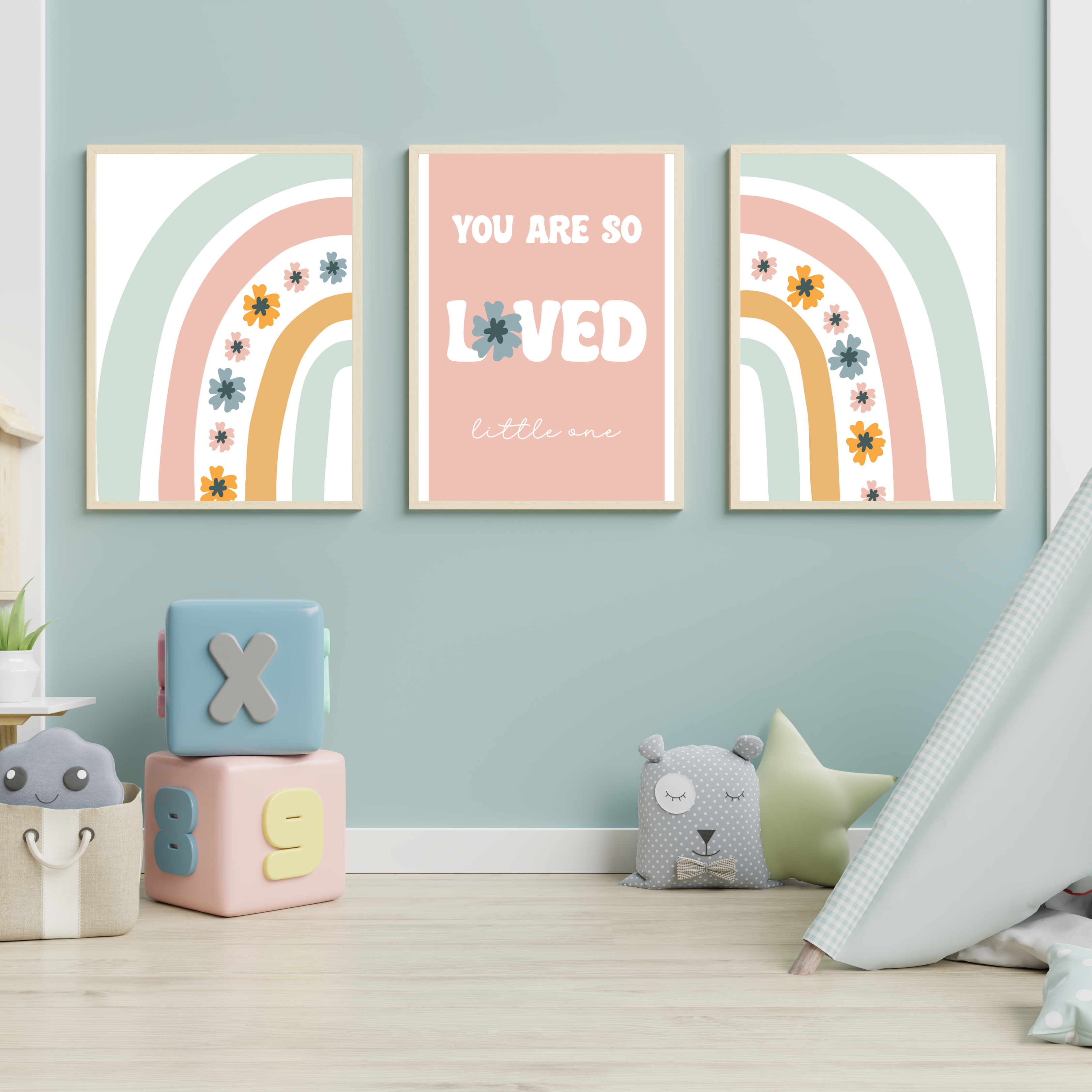 Three you are loved rainbow nursery prints