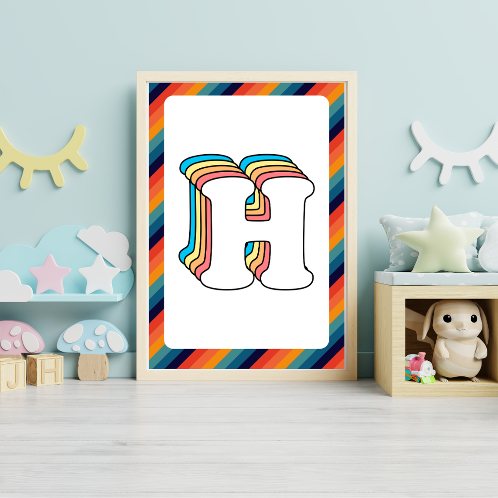 Retro rainbow initial alphabet print with striped border