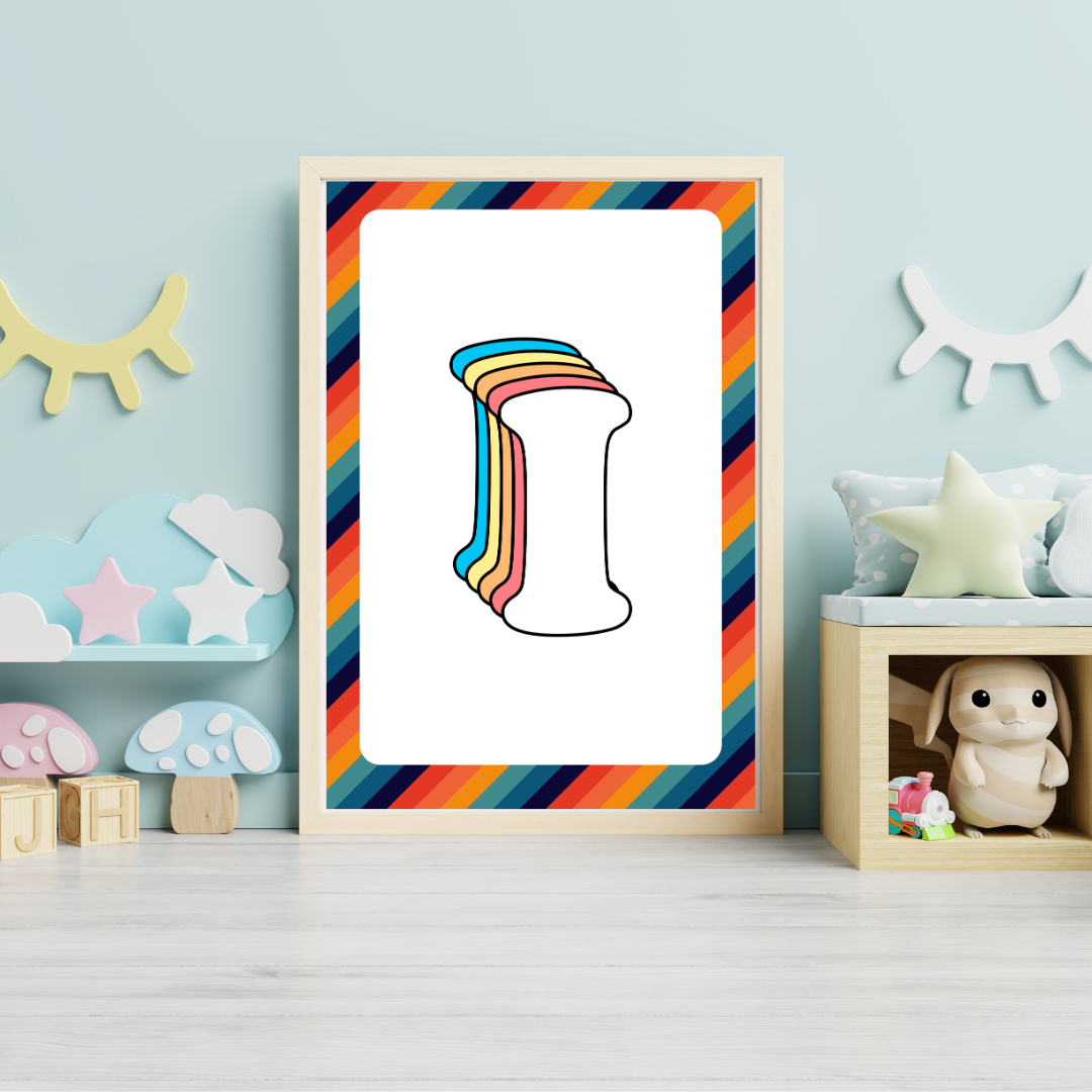 Retro rainbow initial alphabet print with striped border