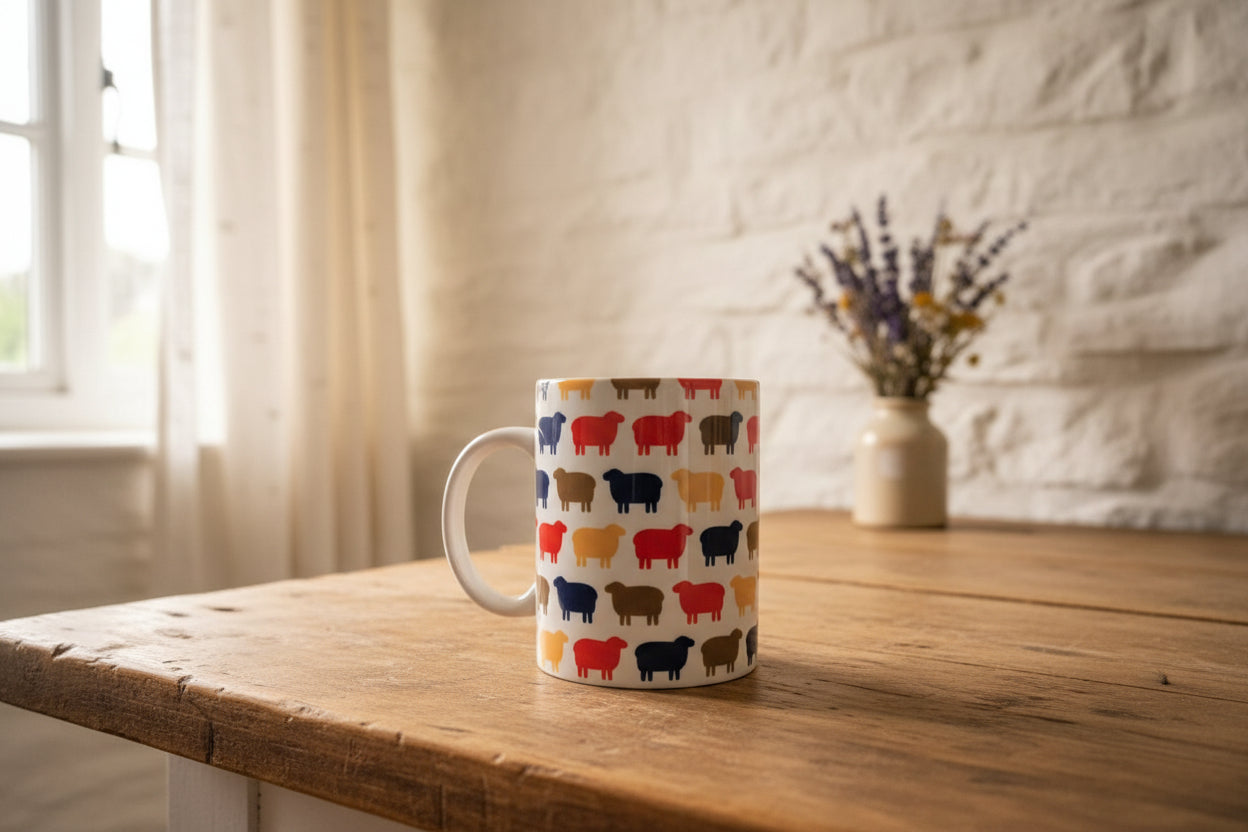 Bright sheep pattern mug and coaster