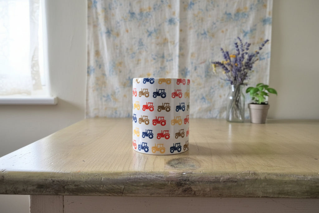 Bright tractor pattern mug and coaster