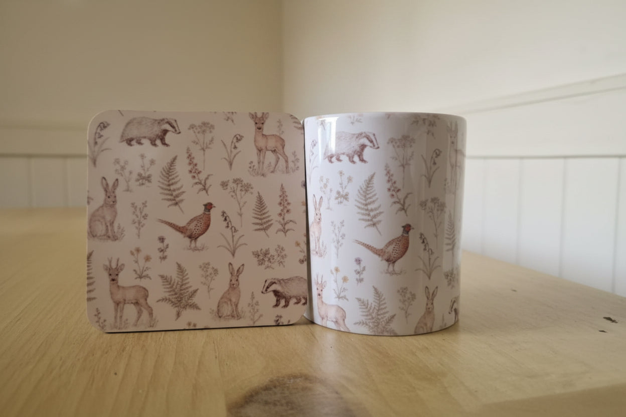 whimsical woodland mug and coaster with animals and flowers