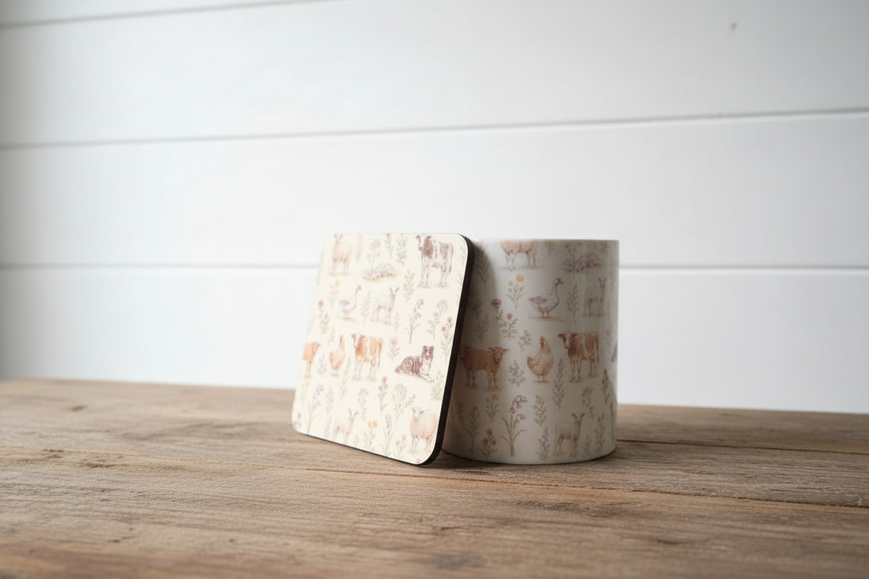 whimsical farm mug and coaster