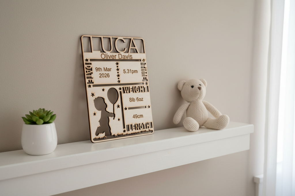 Baby announcement wall art print 1 on nursery shelf