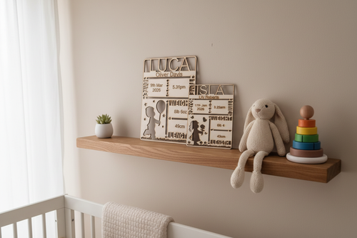 Baby announcement wall art print 2 on nursery shelf