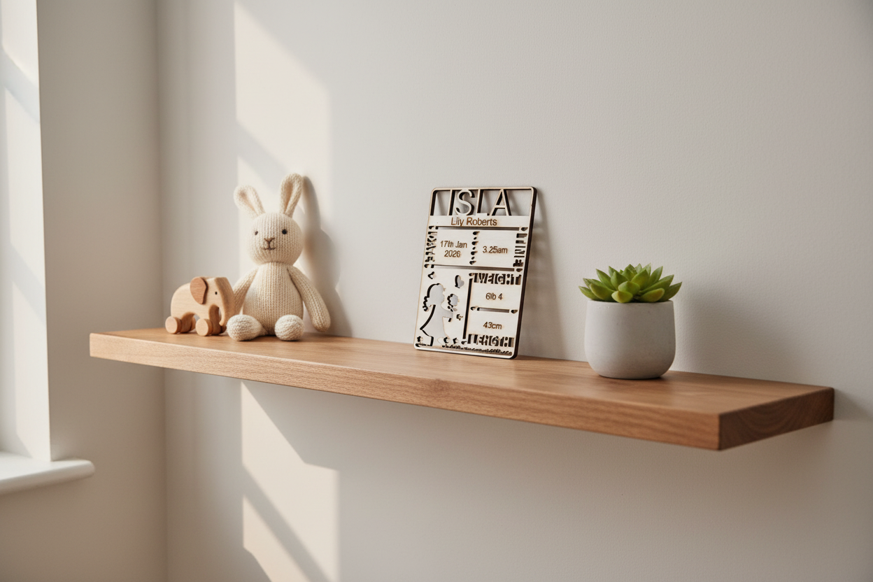 Baby announcement wall art print 3 on nursery shelf