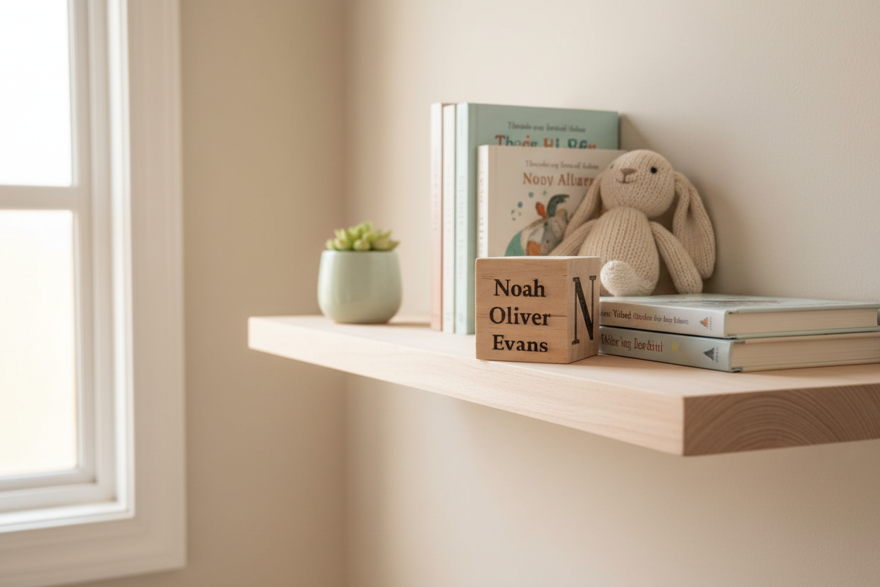 Baby decorative cube on nursery shelf 1