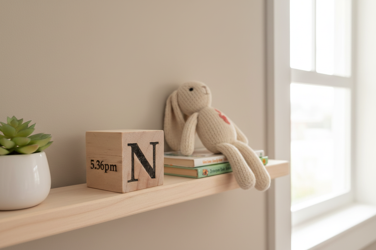 Baby decorative cube on nursery shelf 2