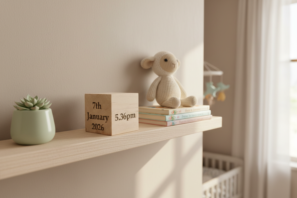 Baby decorative cube on nursery shelf 3