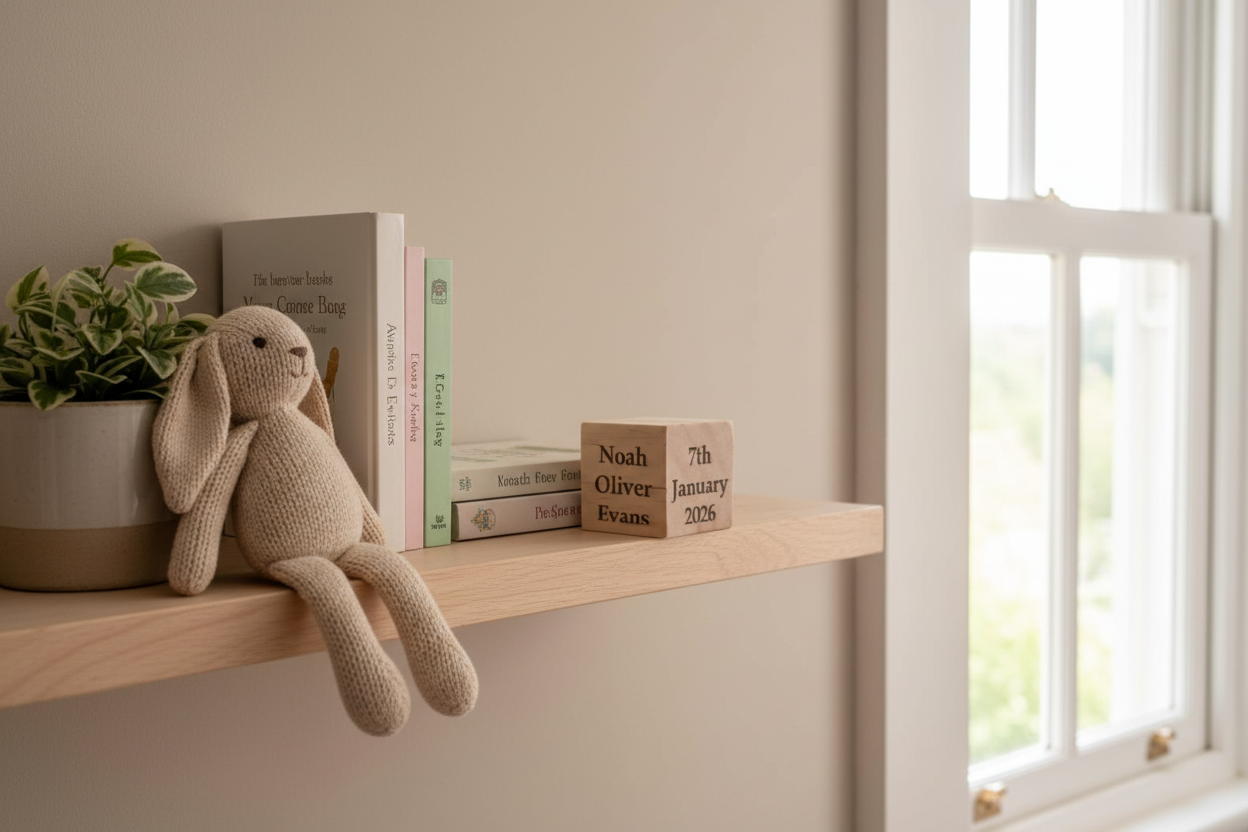 Baby decorative cube on nursery shelf 4