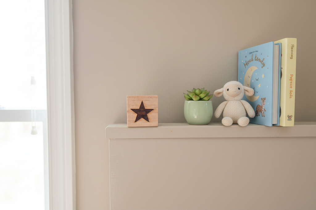 Baby decorative cube on nursery shelf 5