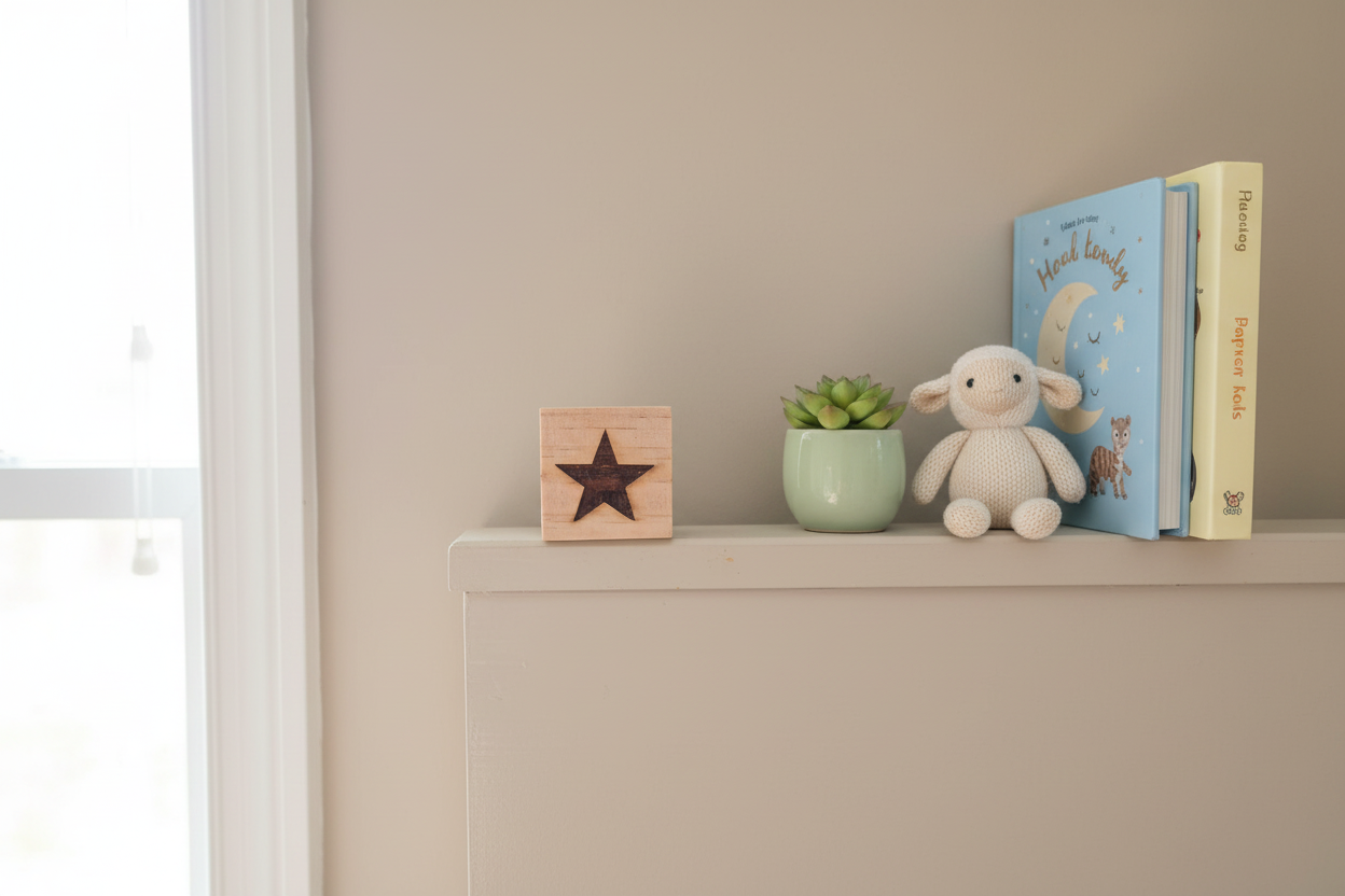 Baby decorative cube on nursery shelf 5