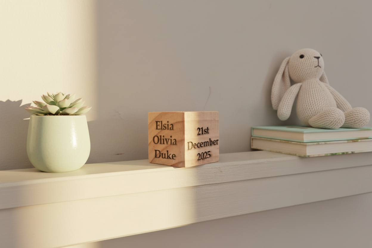 Baby decorative cube on nursery shelf 6