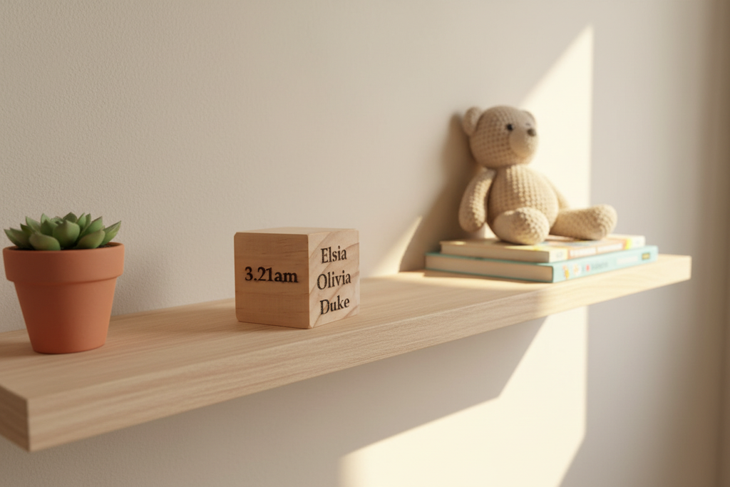 Baby decorative cube on nursery shelf 7