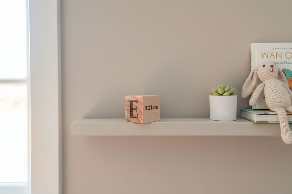 Baby decorative cube on nursery shelf 8