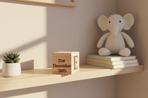 Baby decorative cube on nursery shelf 9