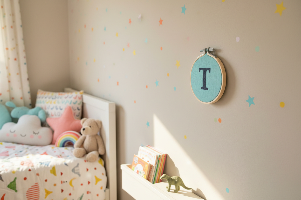 Fabric embroidery hoop in child's bedroom