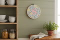 Fabric embroidery hoop in cottage kitchen