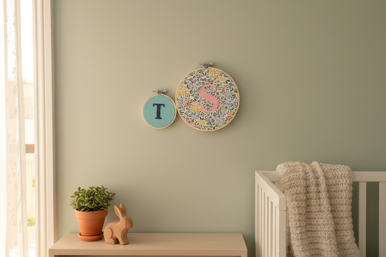 Fabric embroidery hoop in nursery