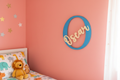 Initial and name wood wall art on colourful bedroom wall 1