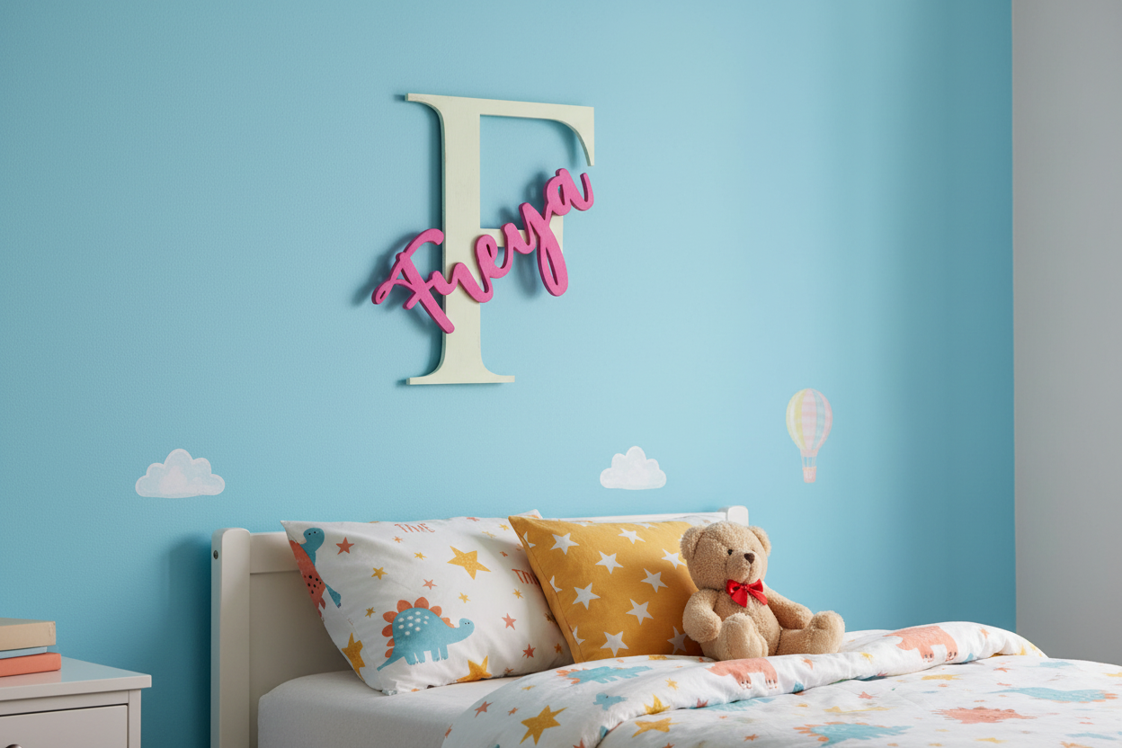 Initial and name wood wall art on colourful bedroom wall 2